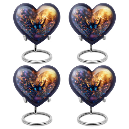 Royal Gold Butterfly Cremation Urn angled view of lid and engraved motif - romantic heart urn with butterfly motif on aluminum - 10 inch aluminum urn for cremated remains