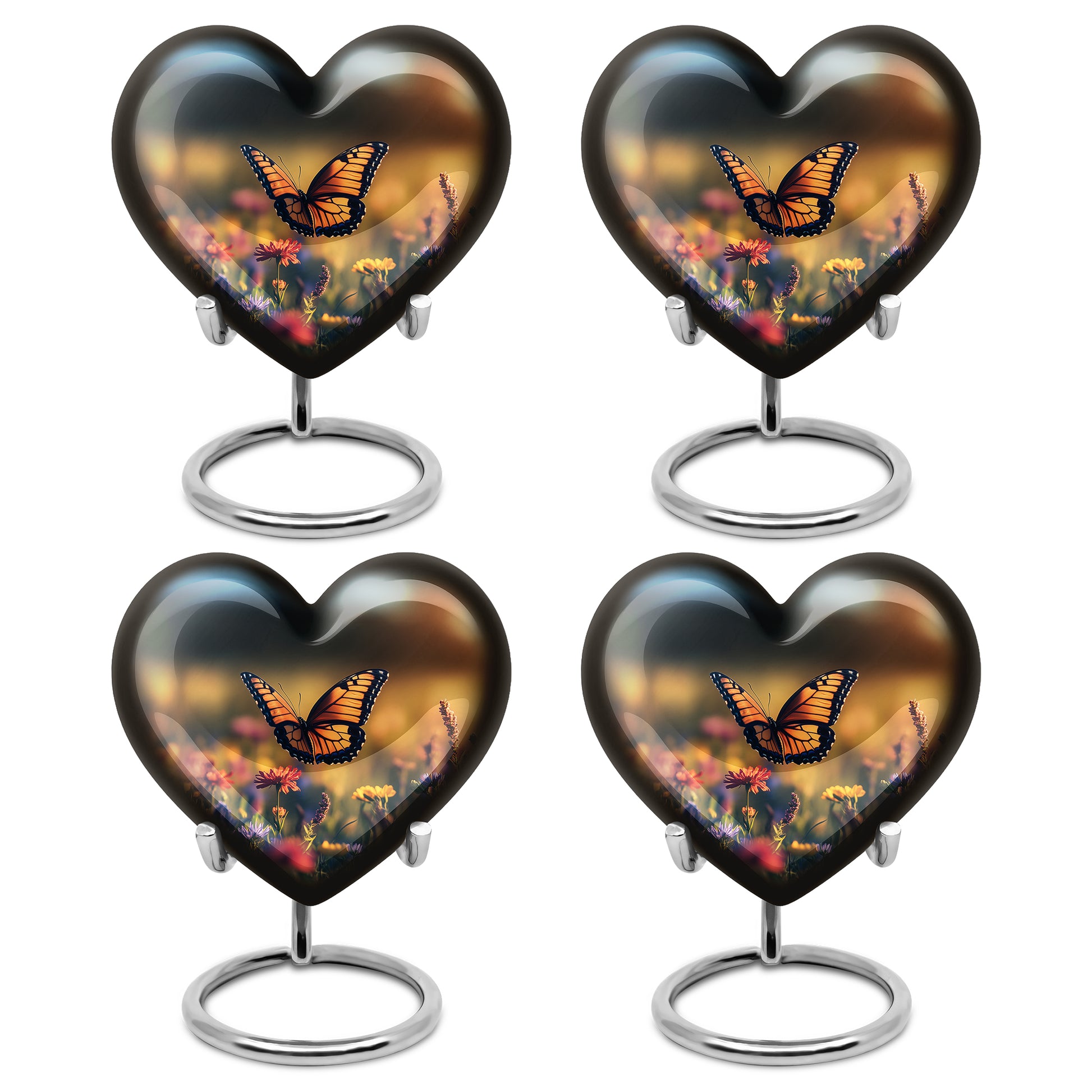 Rich Black Butterfly Cremation Urn angled view of lid and engraved motif - loving heart memorial featuring butterfly pattern - 10 inch aluminum urn for cremated remains