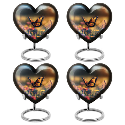 Rich Black Butterfly Cremation Urn angled view of lid and engraved motif - loving heart memorial featuring butterfly pattern - 10 inch aluminum urn for cremated remains