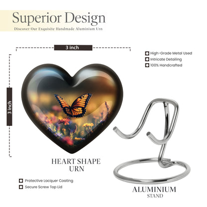 Deep Black Butterfly Cremation Urn front view showing detailed design - heart-shaped butterfly design symbolizing eternal love - mini keepsake memorial for portion of cremation ashes