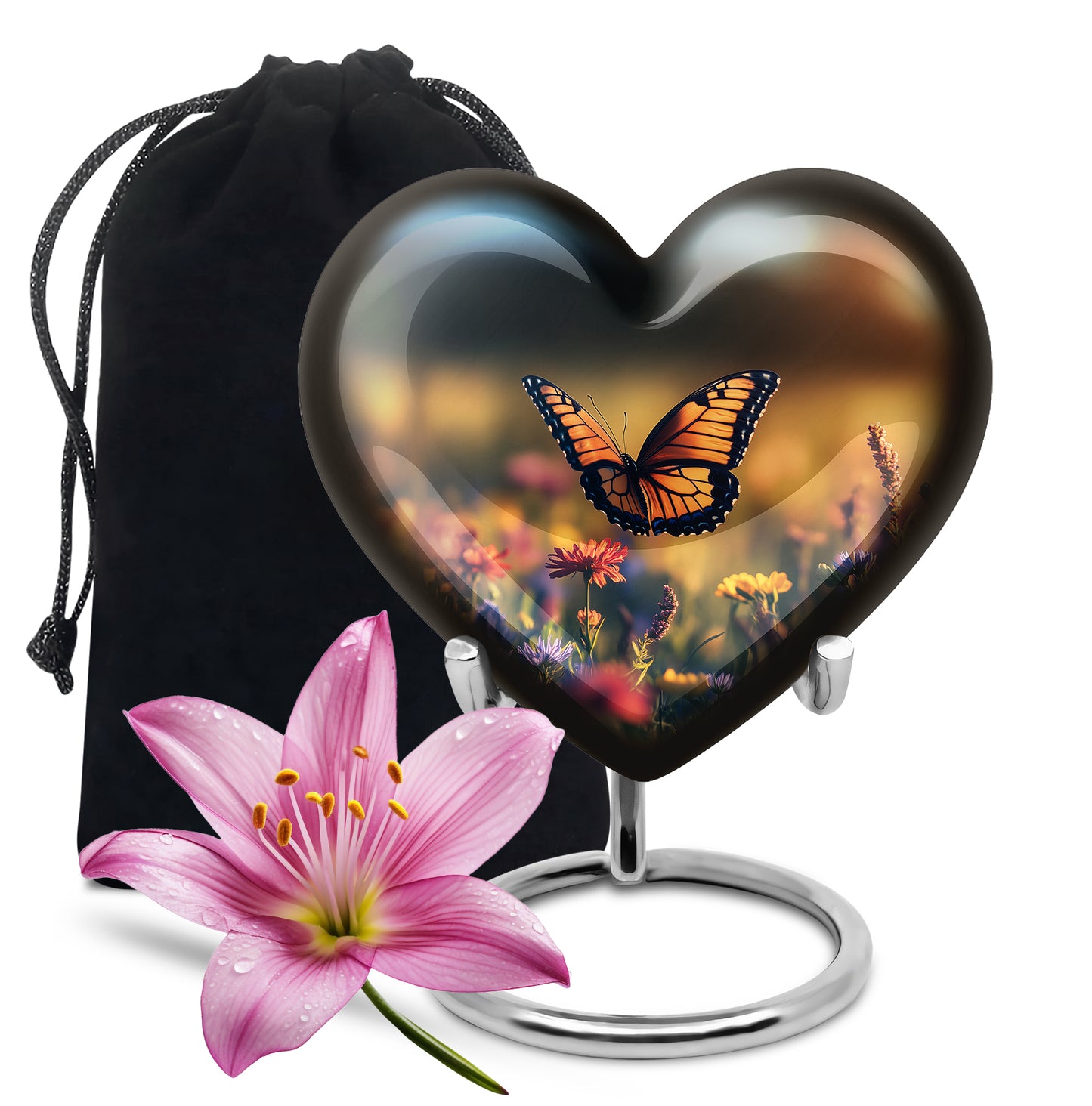 Deep Black Butterfly Cremation Urn detail view - loving heart memorial featuring butterfly pattern - full-size 10 inch 200 cubic inch adult cremation urn
