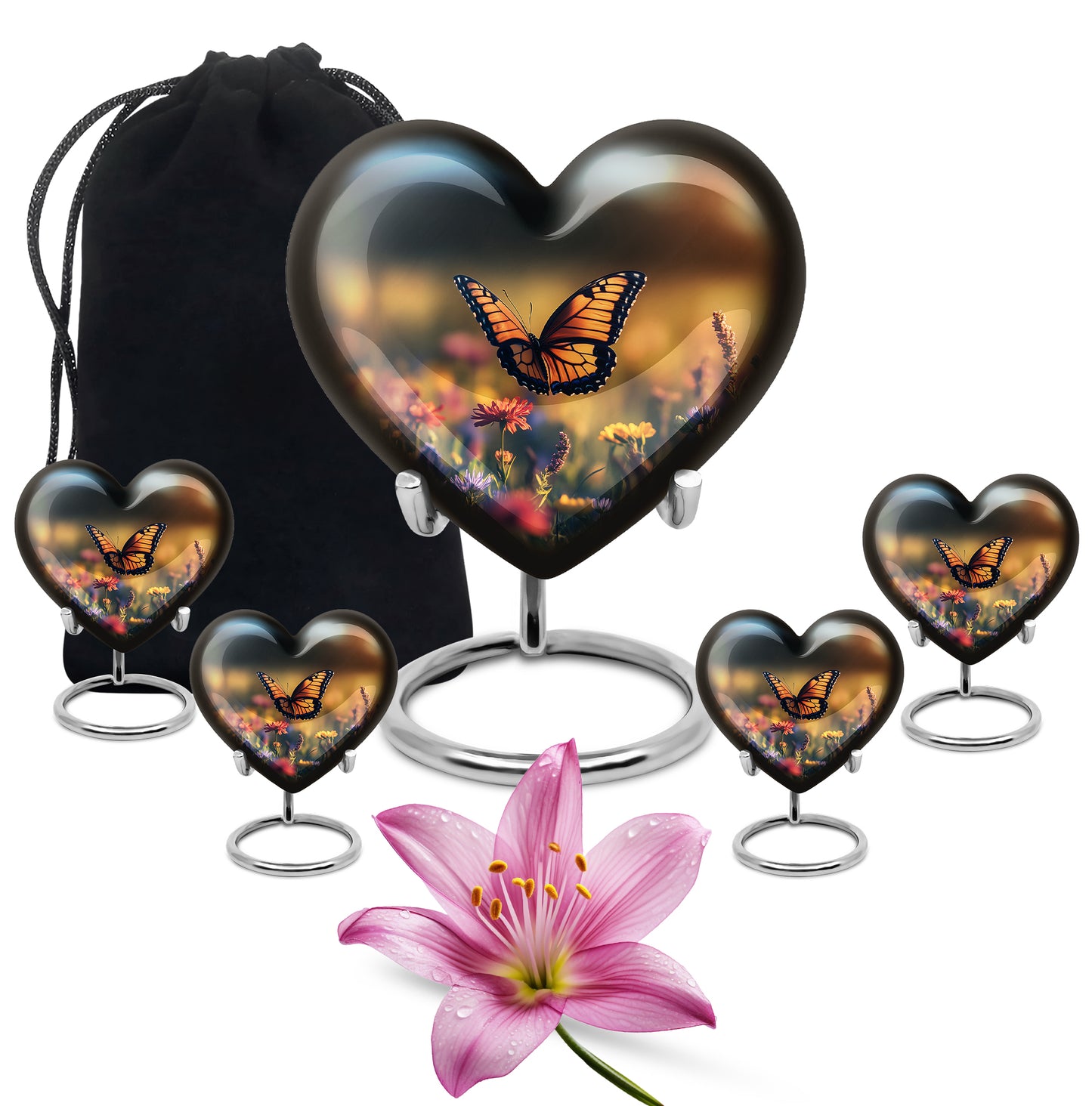 Rich Black Butterfly Cremation Urn close-up of engraving and surface detail - loving heart memorial featuring butterfly pattern - memorial set with one large and four small urns
