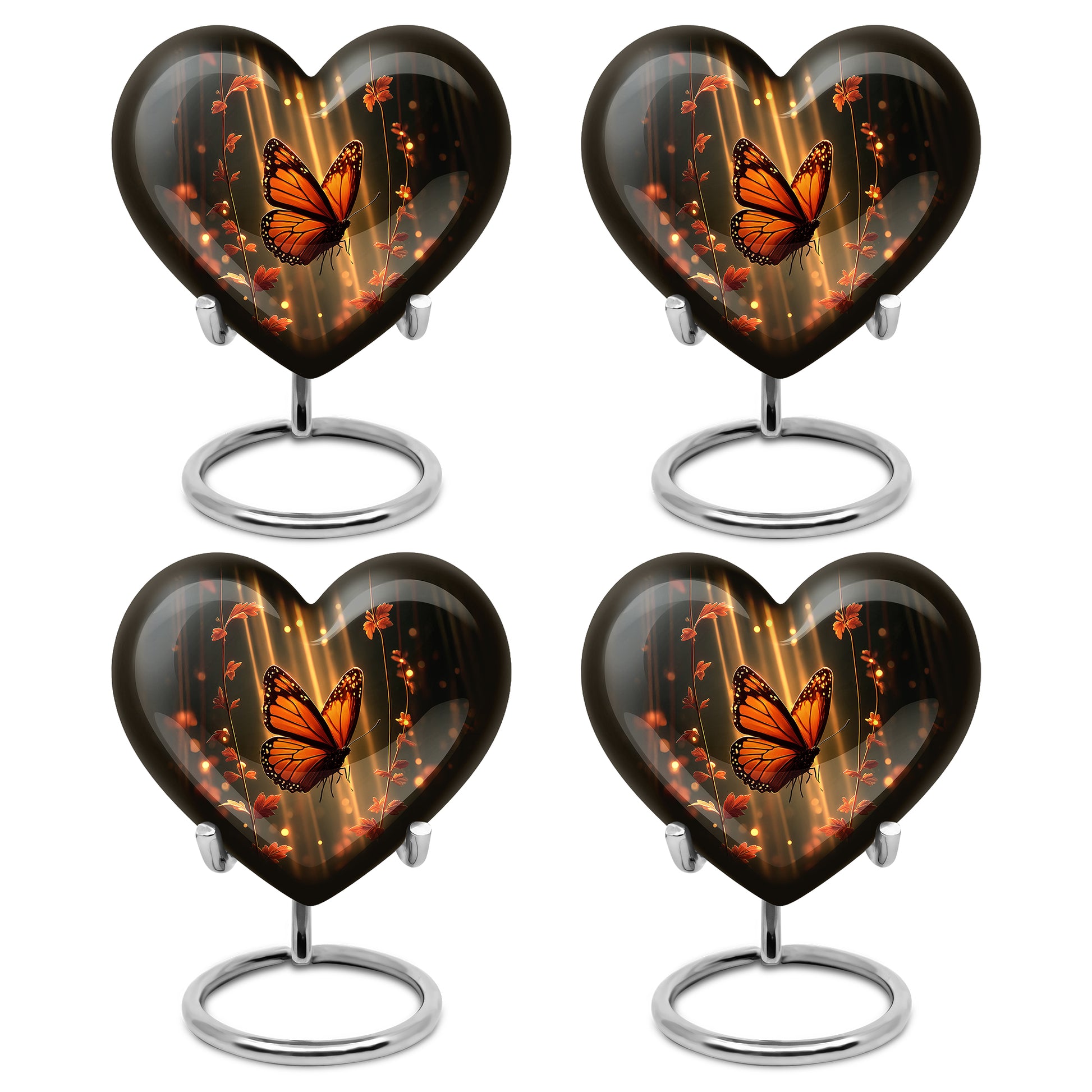Charcoal Black Butterfly Cremation Urn angled view of lid and engraved motif - romantic heart urn with butterfly motif on aluminum - 10 inch aluminum urn for cremated remains