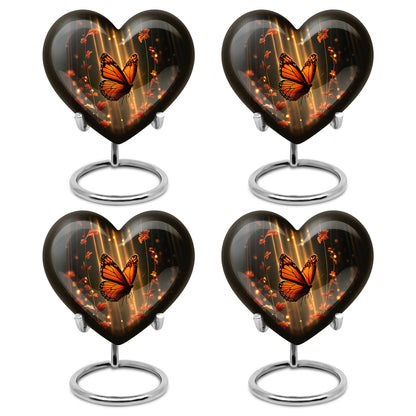 Charcoal Black Butterfly Cremation Urn angled view of lid and engraved motif - romantic heart urn with butterfly motif on aluminum - 10 inch aluminum urn for cremated remains