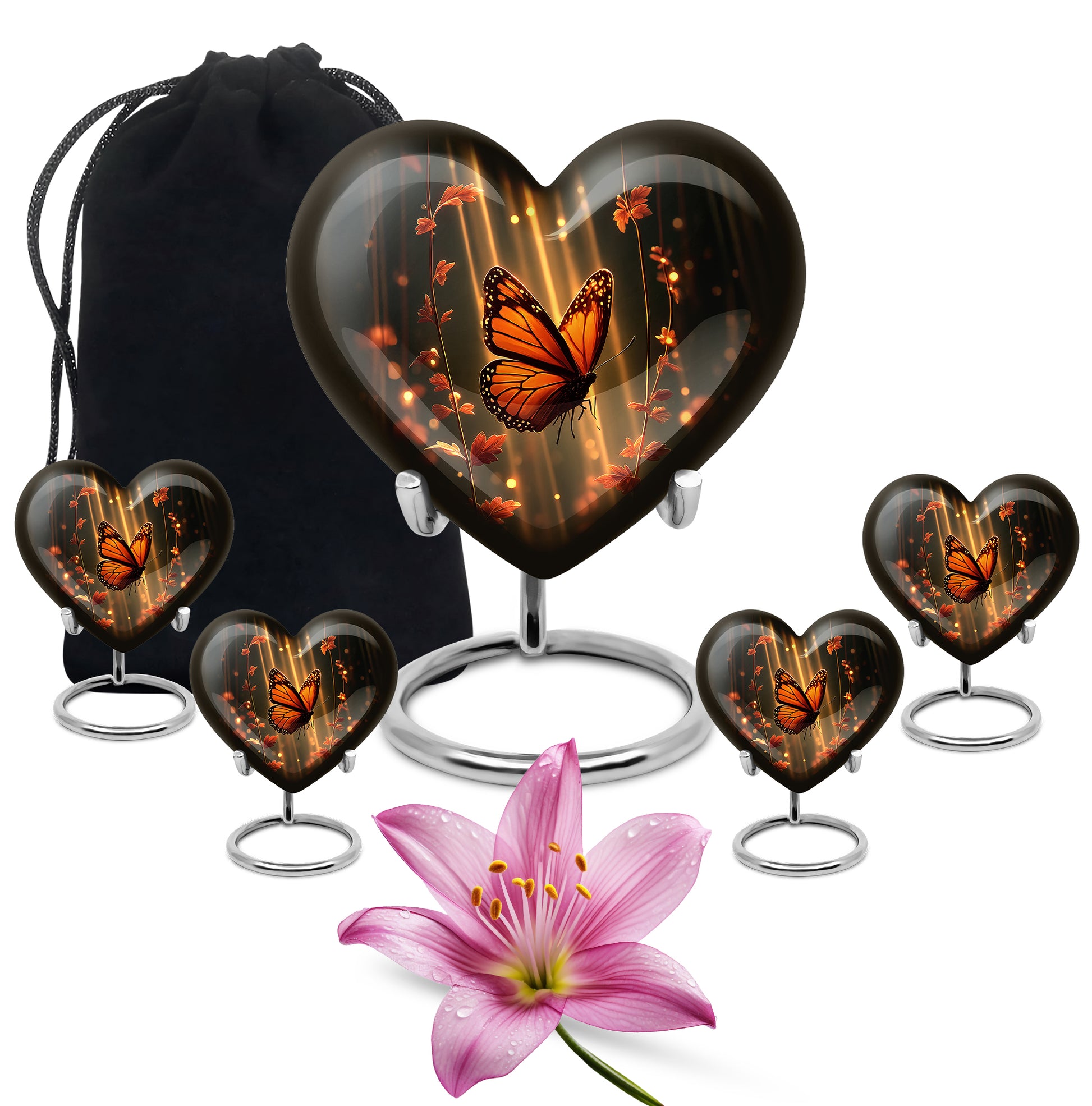 Deep Black Butterfly Cremation Urn close-up of engraving and surface detail - heart-shaped butterfly design symbolizing eternal love - memorial set with one large and four small urns
