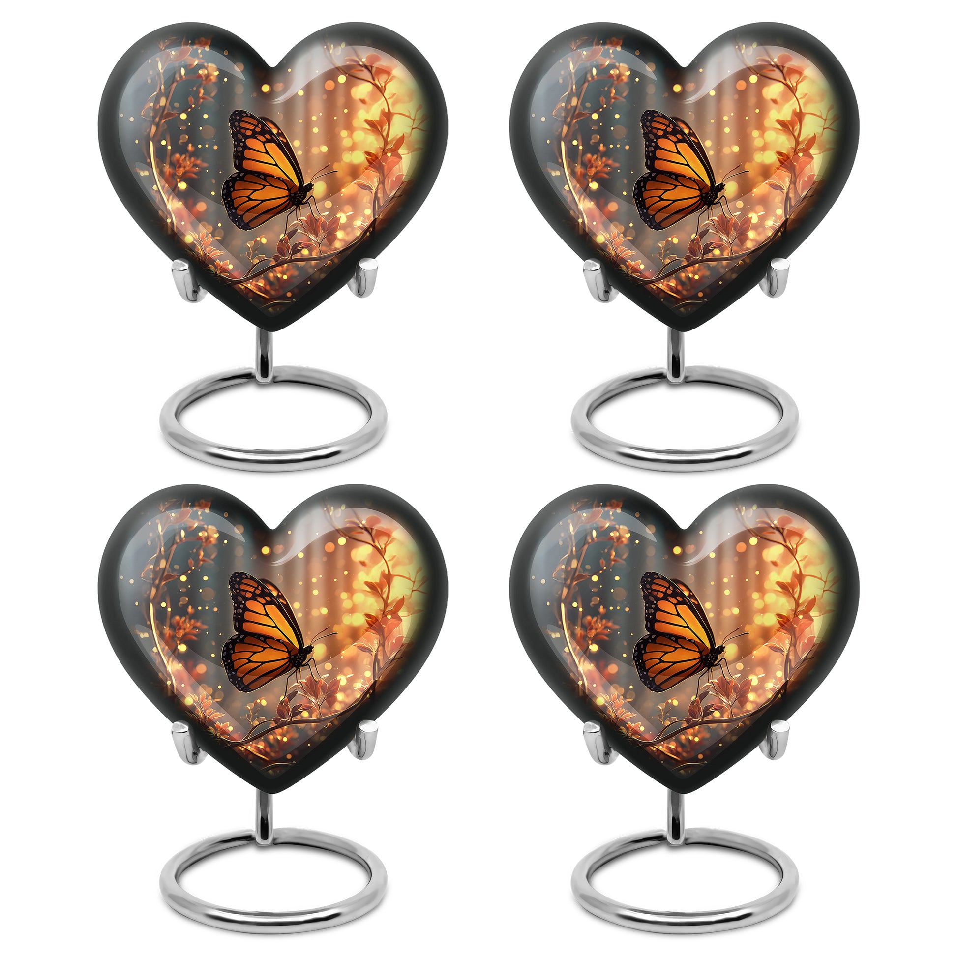 Calming Blue Butterfly Cremation Urn angled view of lid and engraved motif - romantic heart urn with butterfly motif on aluminum - 10 inch aluminum urn for cremated remains