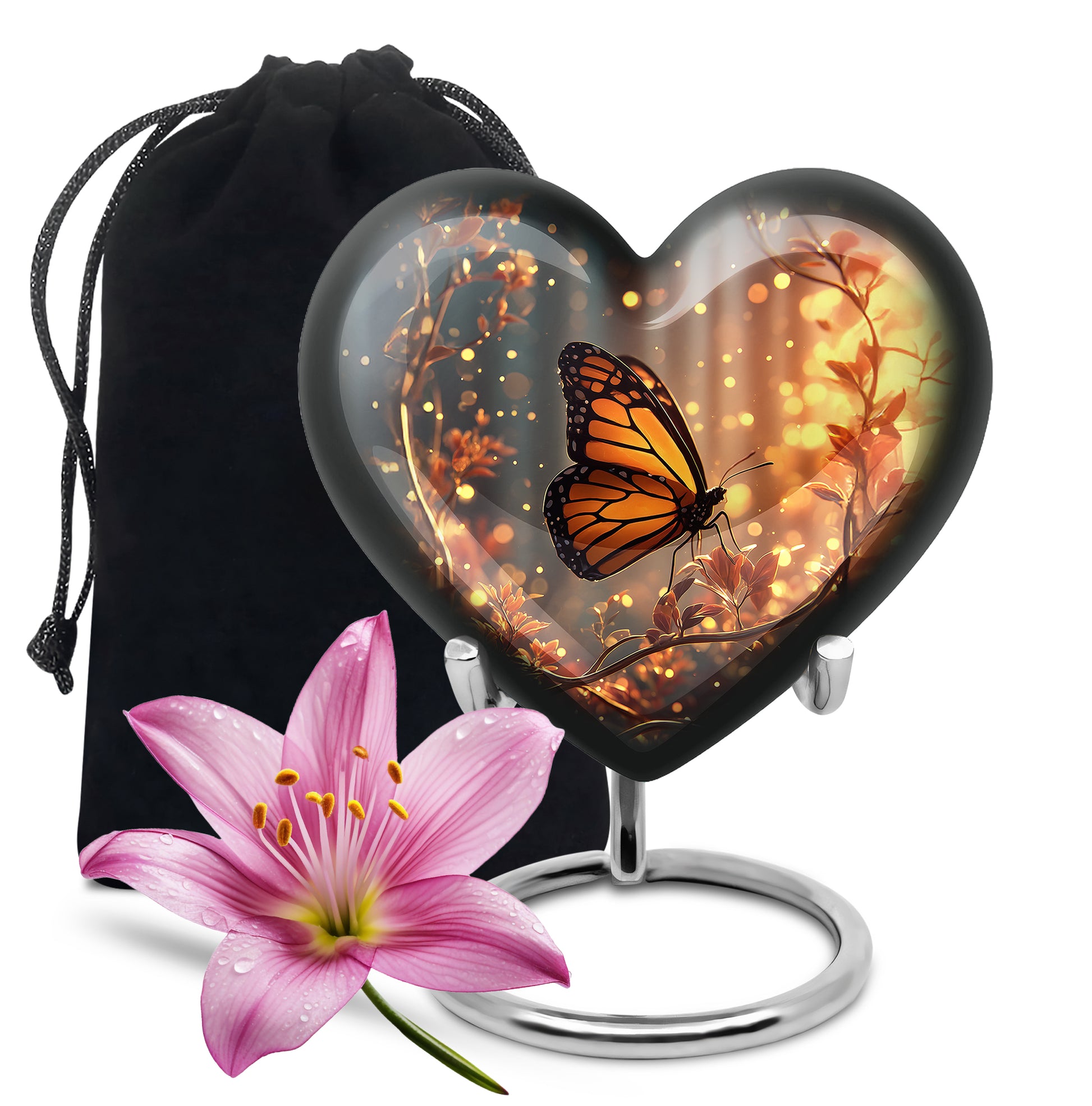 Soft Blue Butterfly Cremation Urn detail view - romantic heart urn with butterfly motif on aluminum - full-size 10 inch 200 cubic inch adult cremation urn