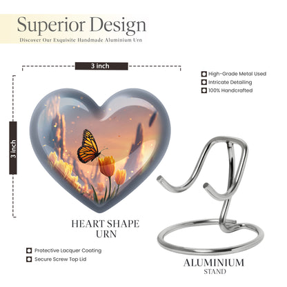 Scarlet Red Butterfly Cremation Urn front view showing detailed design - romantic heart urn with butterfly motif on aluminum - mini keepsake memorial for portion of cremation ashes