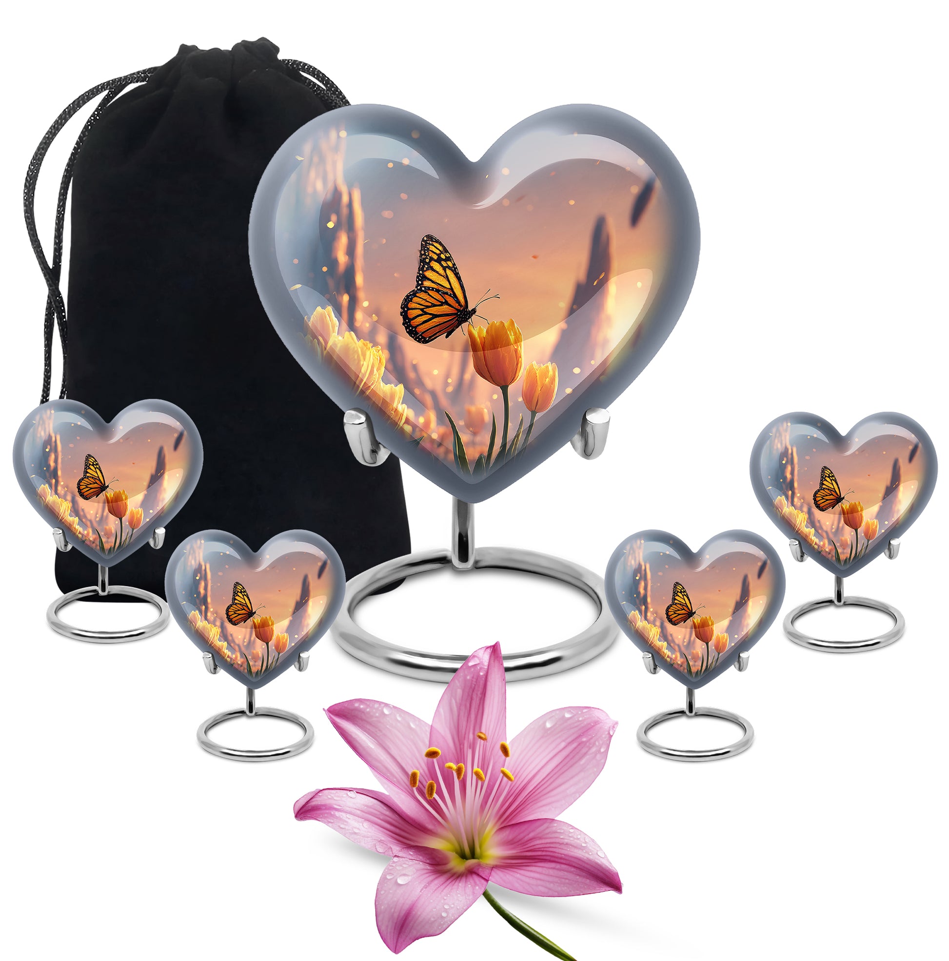 Wine Red Butterfly Cremation Urn close-up of engraving and surface detail - heart-shaped butterfly design symbolizing eternal love - memorial set with one large and four small urns
