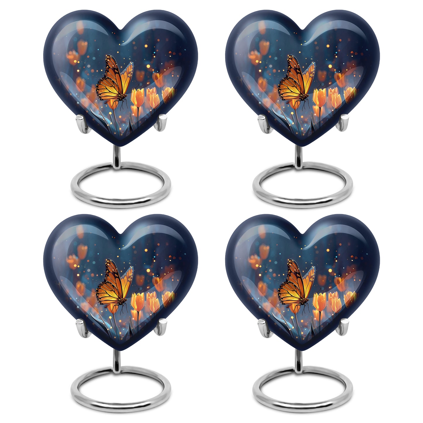 Cornflower Blue Butterfly Cremation Urn angled view of lid and engraved motif - compassionate heart-butterfly combination with gentle curves - 10 inch aluminum urn for cremated remains