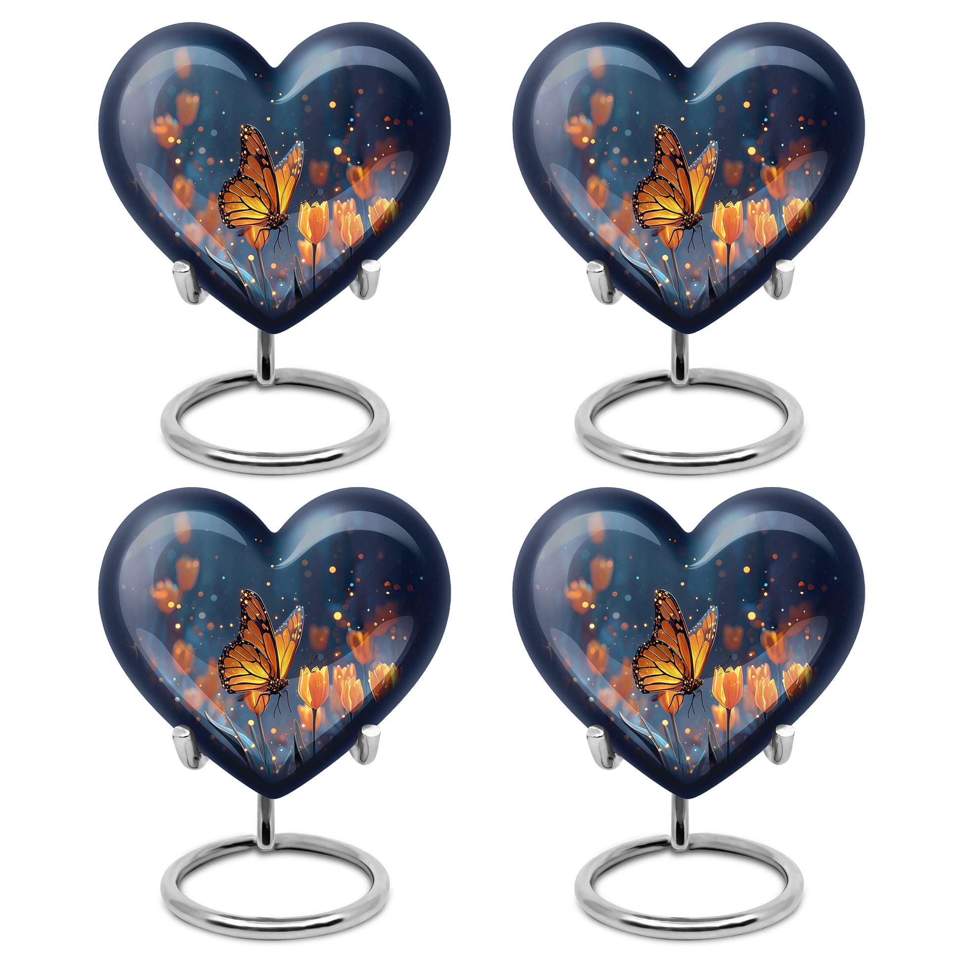 Cornflower Blue Butterfly Cremation Urn angled view of lid and engraved motif - compassionate heart-butterfly combination with gentle curves - 10 inch aluminum urn for cremated remains
