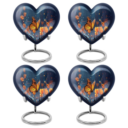 Cornflower Blue Butterfly Cremation Urn angled view of lid and engraved motif - compassionate heart-butterfly combination with gentle curves - 10 inch aluminum urn for cremated remains