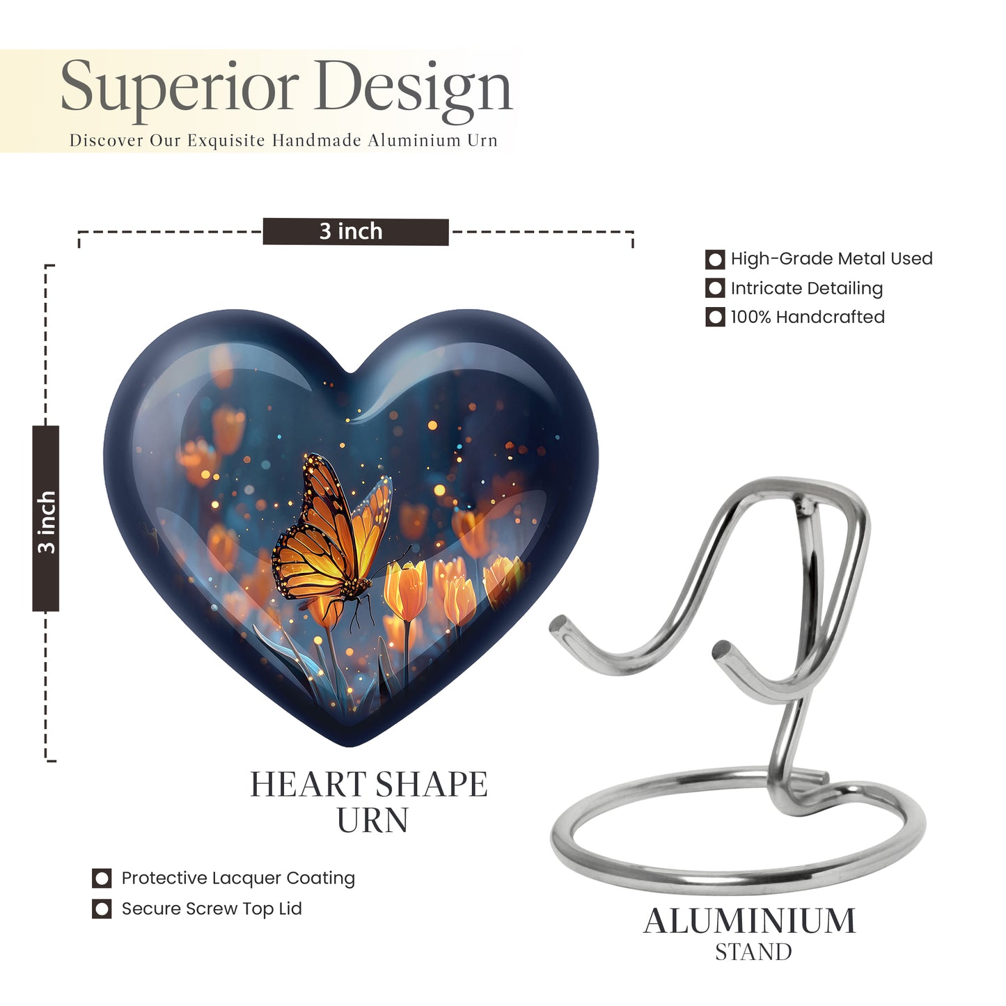 Serene Blue Butterfly Cremation Urn front view showing detailed design - romantic heart urn with butterfly motif on aluminum - mini keepsake memorial for portion of cremation ashes