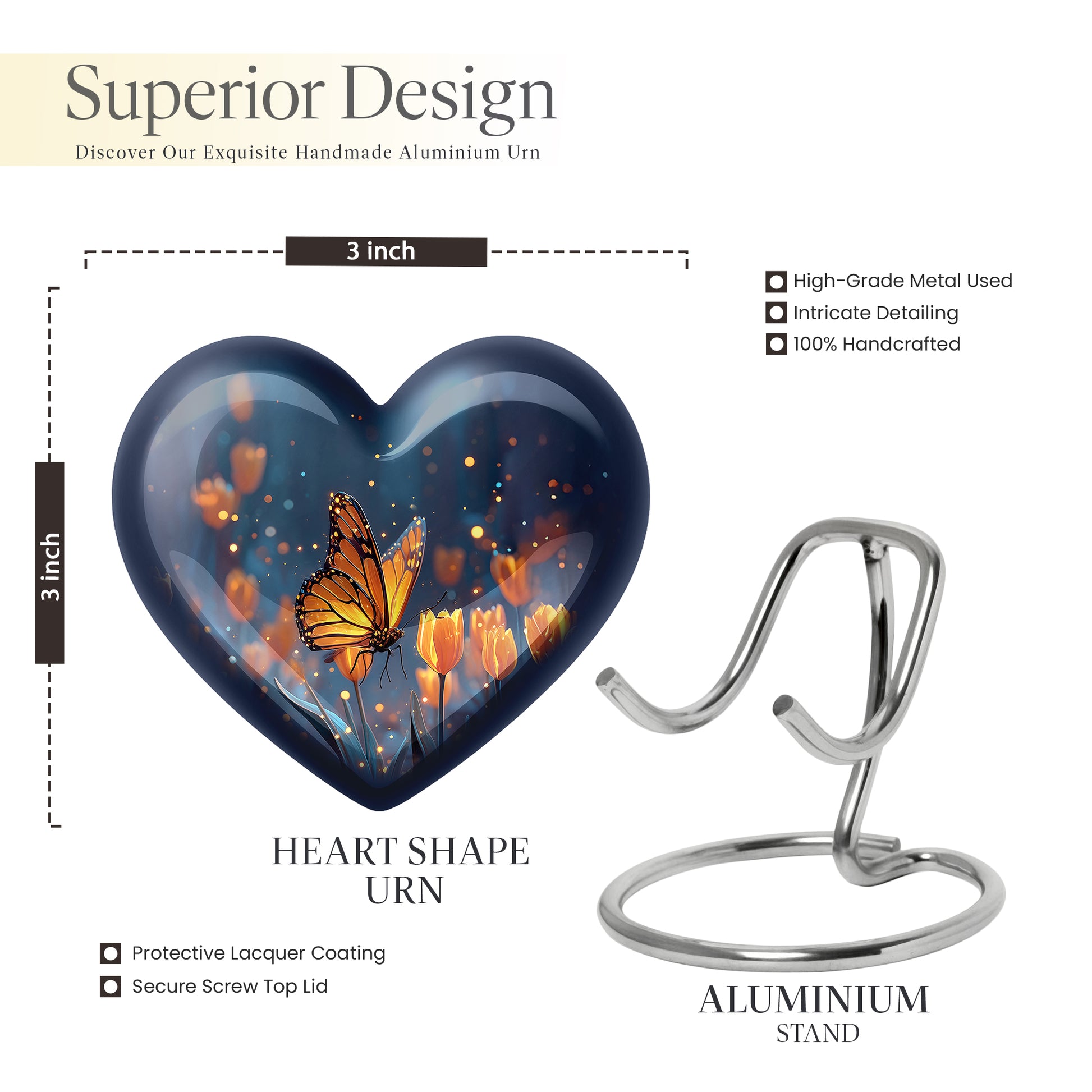 Serene Blue Butterfly Cremation Urn front view showing detailed design - romantic heart urn with butterfly motif on aluminum - mini keepsake memorial for portion of cremation ashes