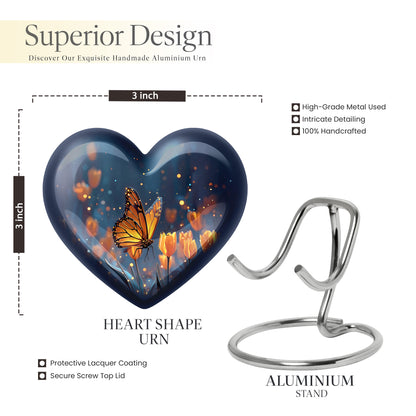 Serene Blue Butterfly Cremation Urn front view showing detailed design - romantic heart urn with butterfly motif on aluminum - mini keepsake memorial for portion of cremation ashes