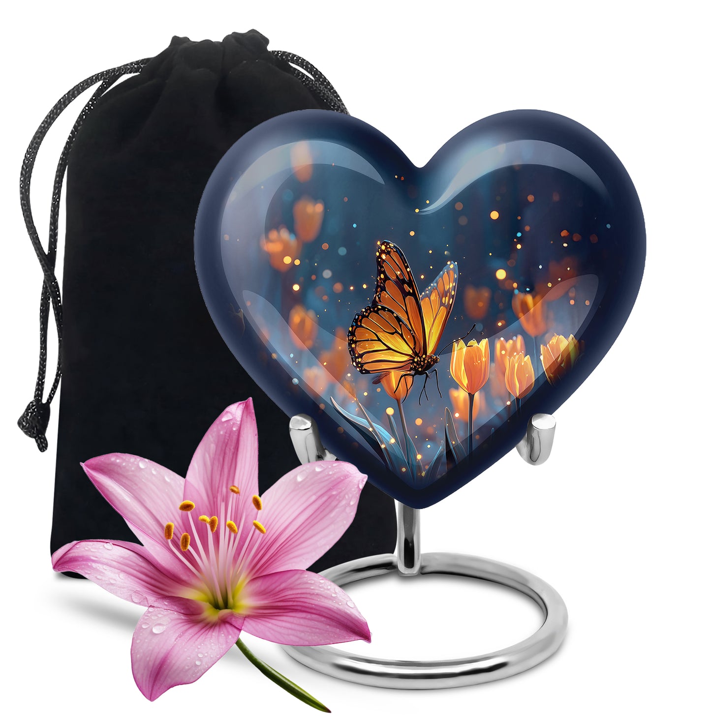 Azure Butterfly Cremation Urn detail view - loving heart memorial featuring butterfly pattern - full-size 10 inch 200 cubic inch adult cremation urn