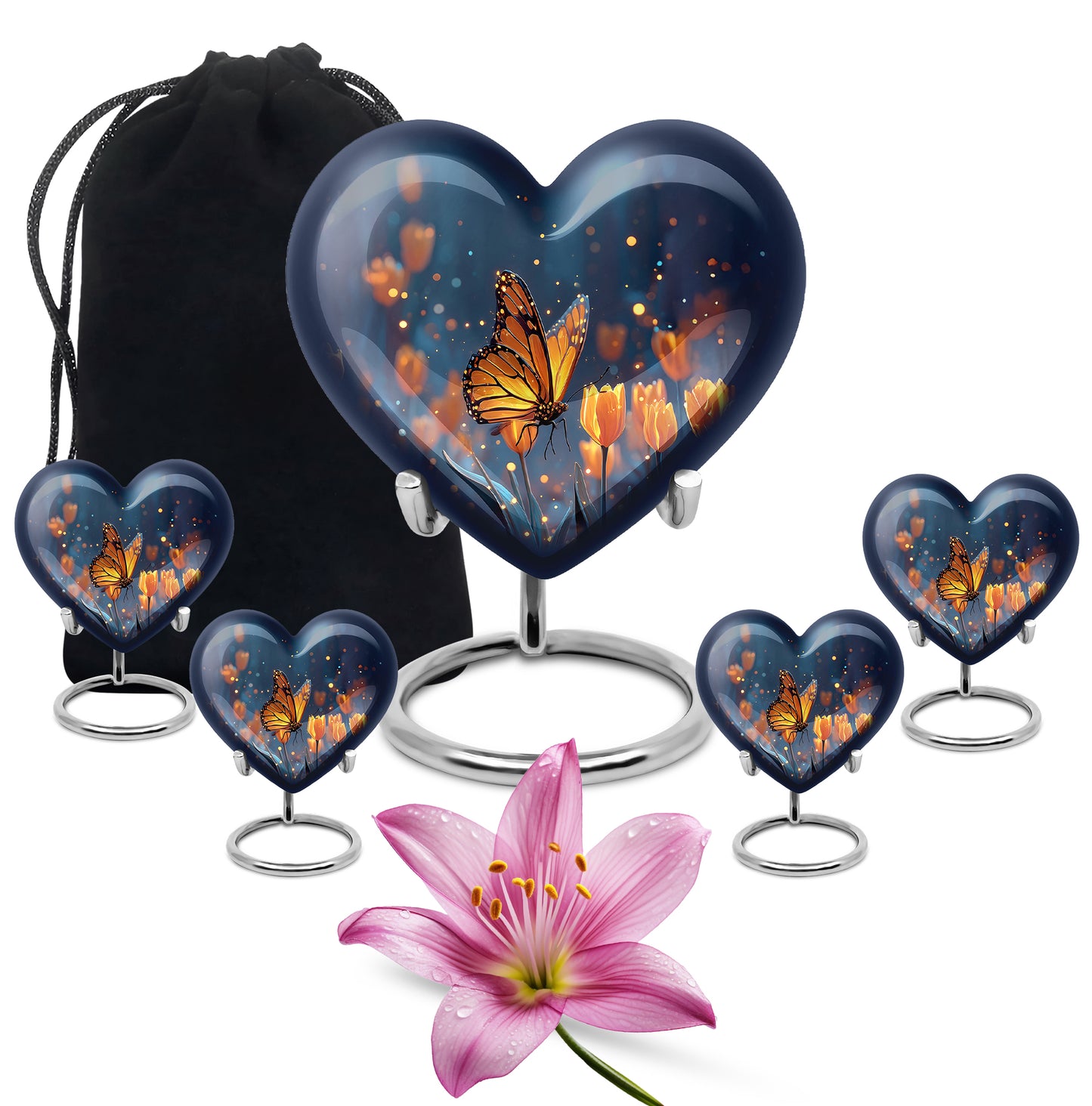 Steel Blue Butterfly Cremation Urn close-up of engraving and surface detail - romantic heart urn with butterfly motif on aluminum - memorial set with one large and four small urns