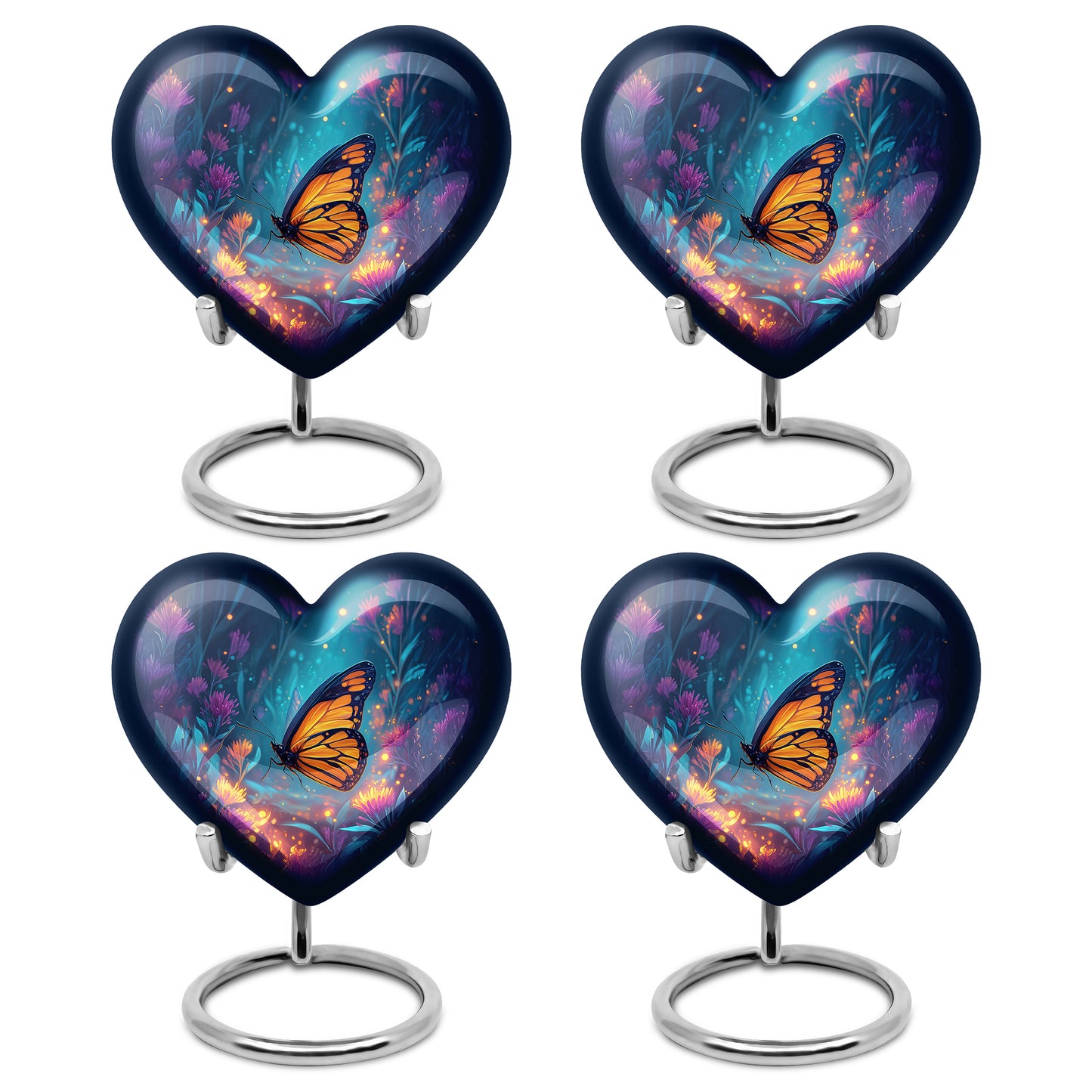 Twilight Blue Butterfly Cremation Urn angled view of lid and engraved motif - romantic heart urn with butterfly motif on aluminum - 10 inch aluminum urn for cremated remains