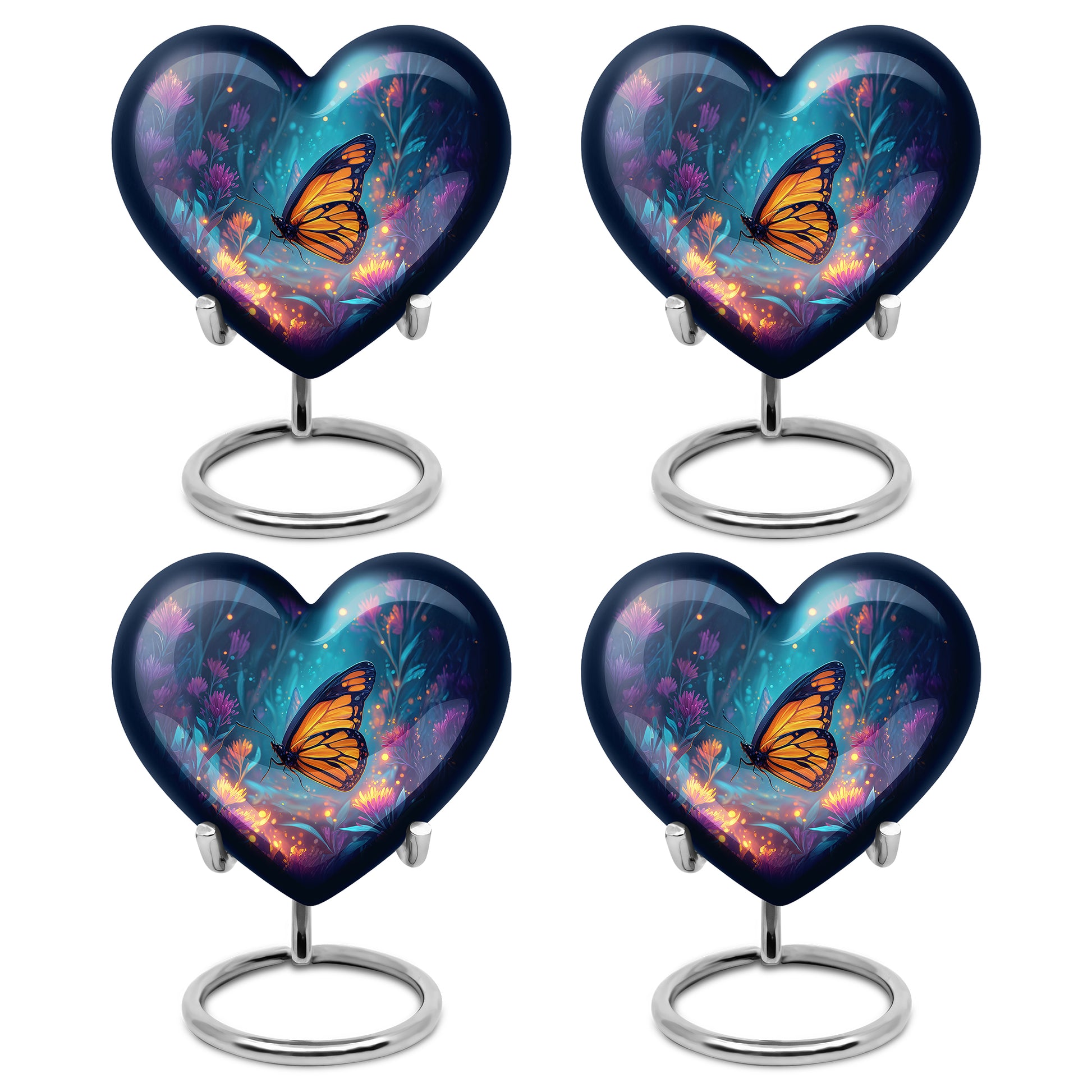 Twilight Blue Butterfly Cremation Urn angled view of lid and engraved motif - romantic heart urn with butterfly motif on aluminum - 10 inch aluminum urn for cremated remains