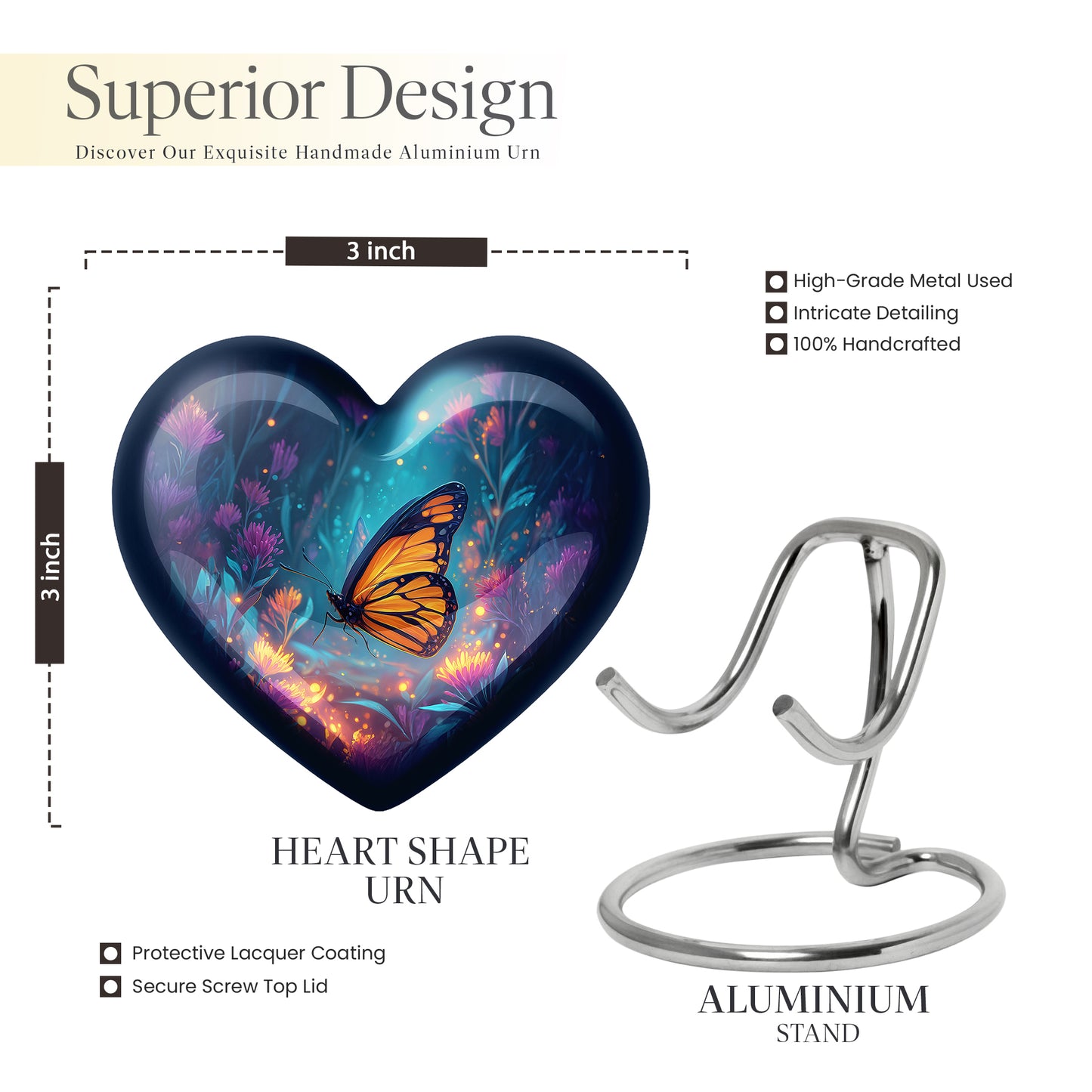 Celestial Blue Butterfly Cremation Urn front view showing detailed design - heart-shaped butterfly design symbolizing eternal love - mini keepsake memorial for portion of cremation ashes