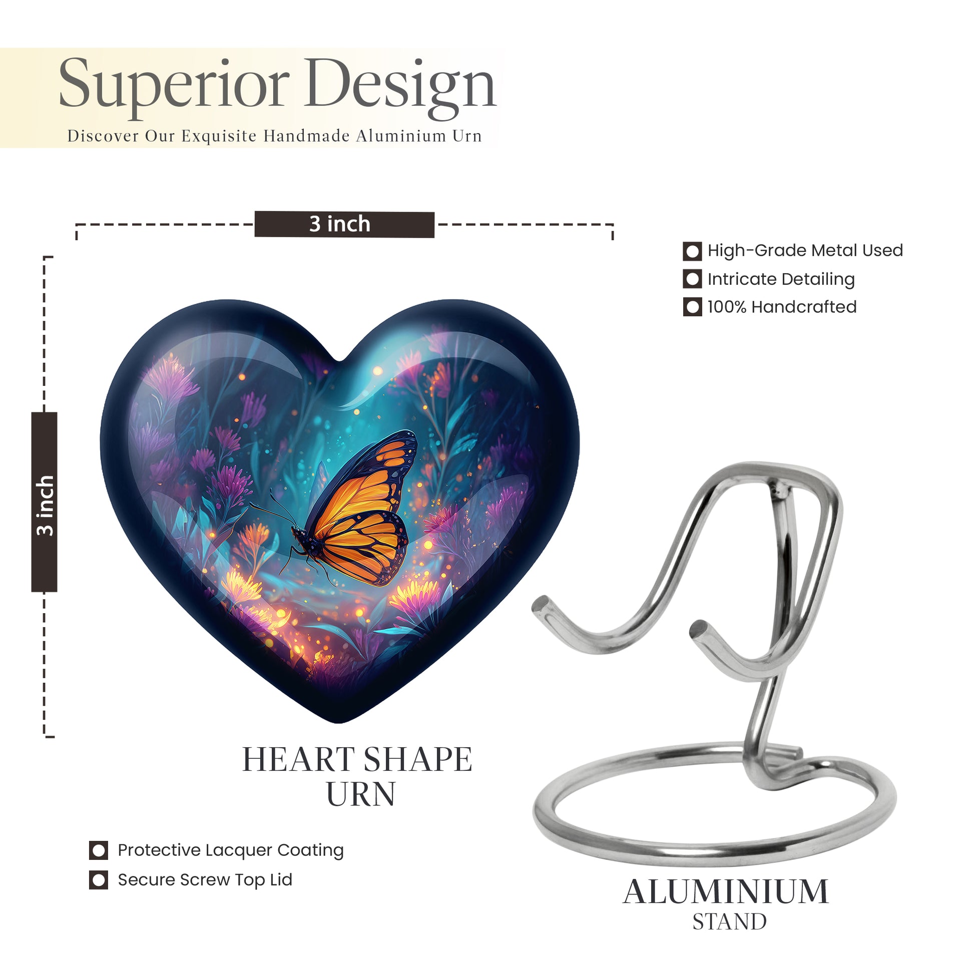 Celestial Blue Butterfly Cremation Urn front view showing detailed design - heart-shaped butterfly design symbolizing eternal love - mini keepsake memorial for portion of cremation ashes