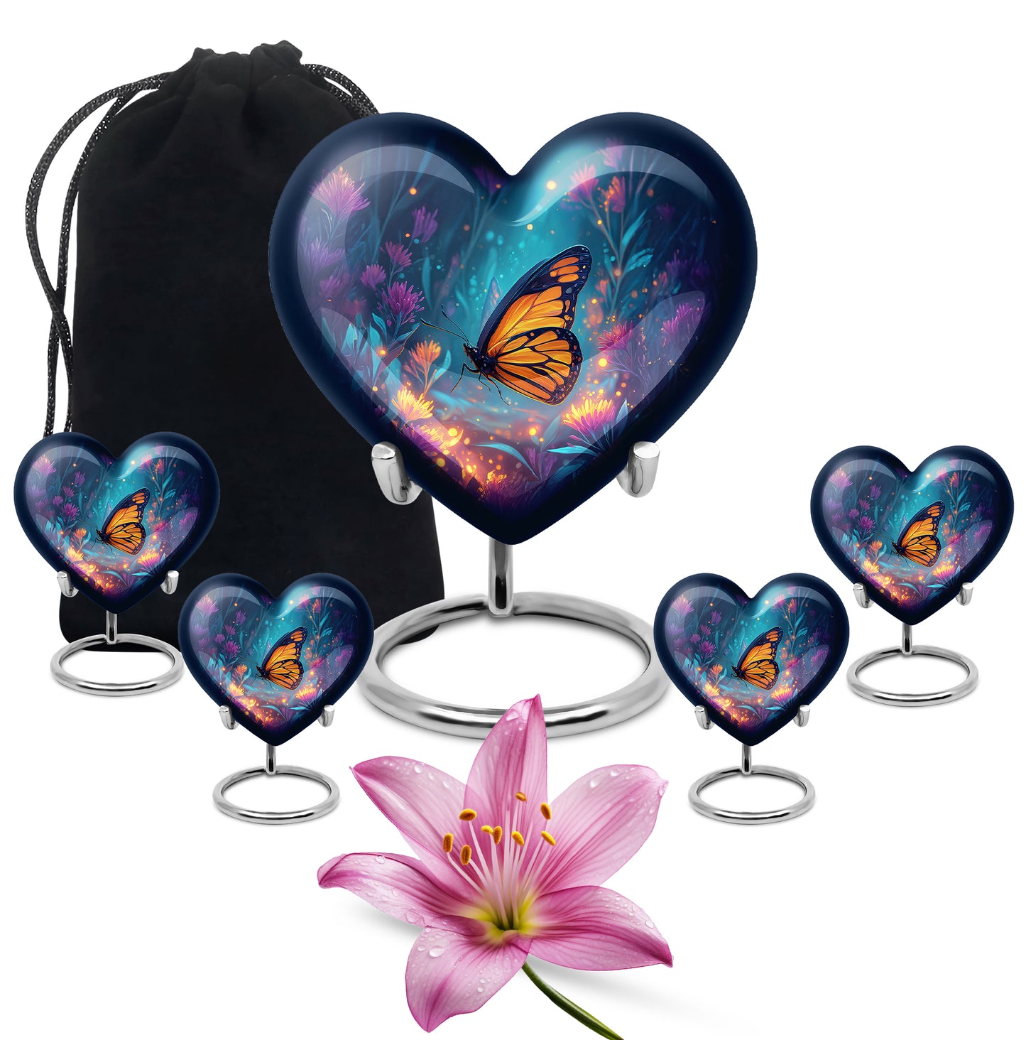 Icy Blue Butterfly Cremation Urn close-up of engraving and surface detail - loving heart memorial featuring butterfly pattern - memorial set with one large and four small urns