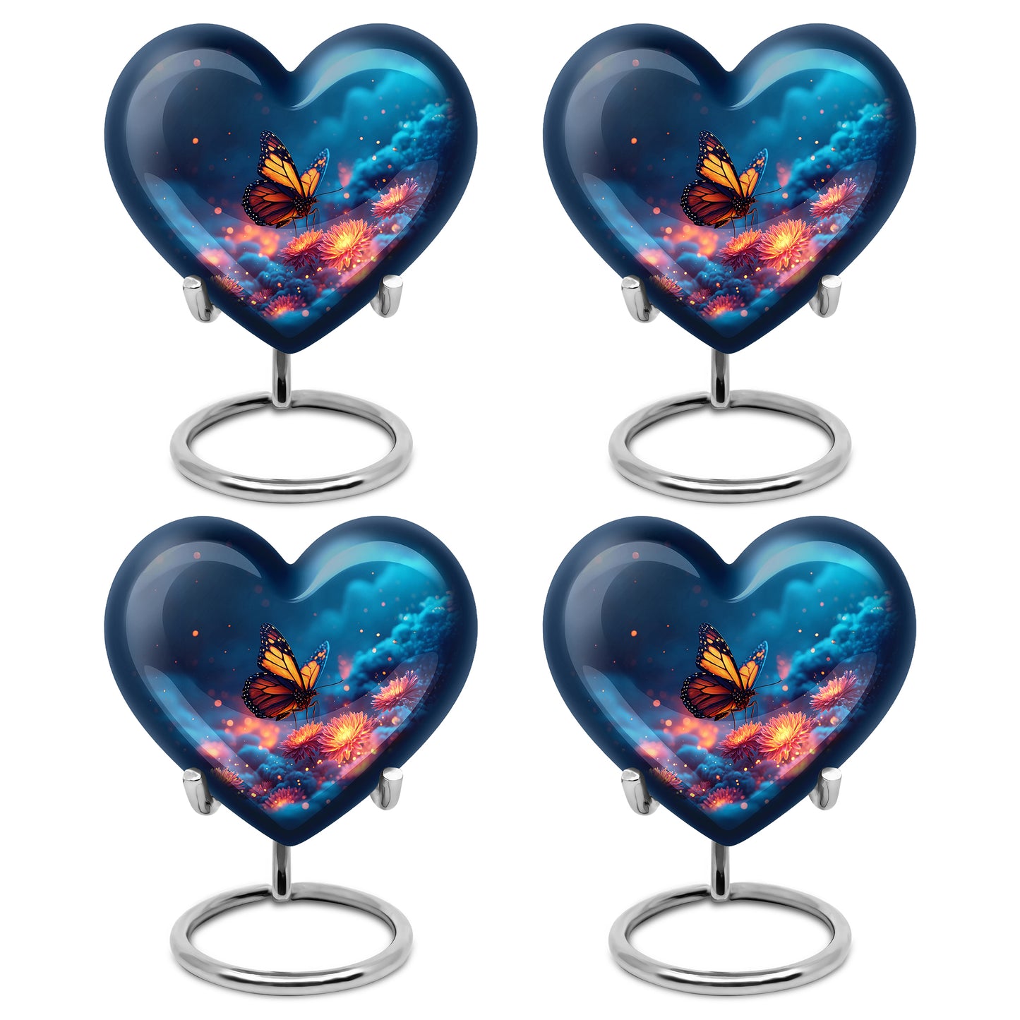 Misty Blue Butterfly Cremation Urn angled view of lid and engraved motif - loving heart memorial featuring butterfly pattern - 10 inch aluminum urn for cremated remains