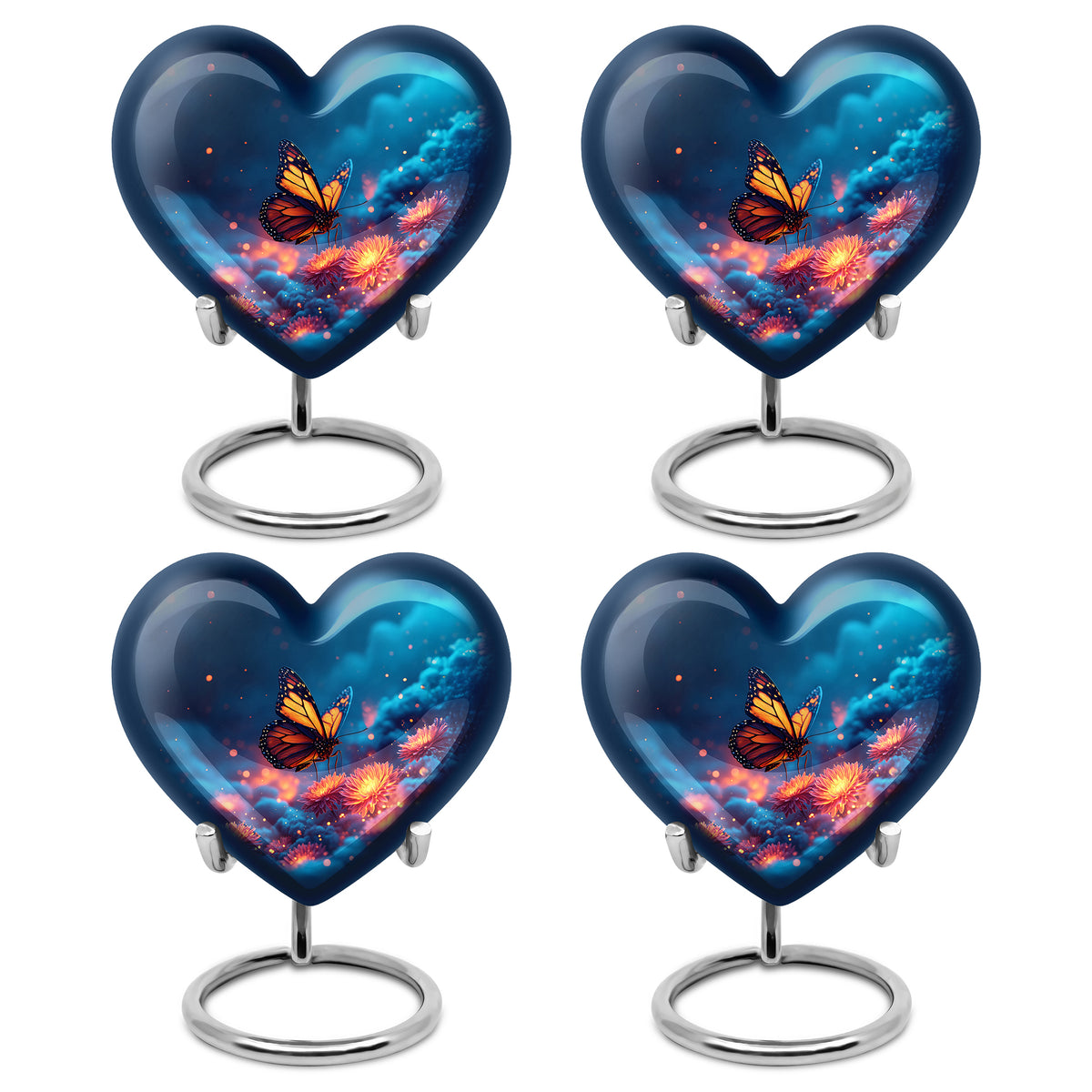 Misty Blue Butterfly Cremation Urn angled view of lid and engraved motif - loving heart memorial featuring butterfly pattern - 10 inch aluminum urn for cremated remains