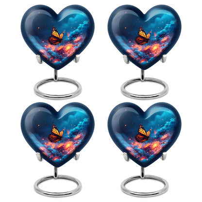 Misty Blue Butterfly Cremation Urn angled view of lid and engraved motif - loving heart memorial featuring butterfly pattern - 10 inch aluminum urn for cremated remains