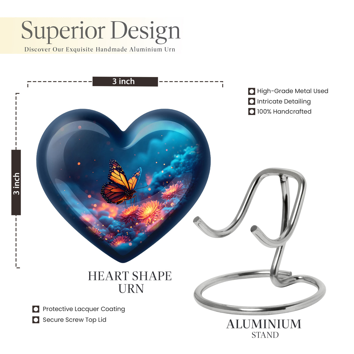 Bright Blue Butterfly Cremation Urn front view showing detailed design - romantic heart urn with butterfly motif on aluminum - mini keepsake memorial for portion of cremation ashes