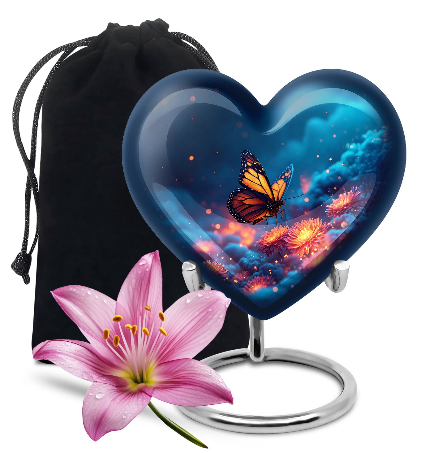 Bright Blue Butterfly Cremation Urn detail view - romantic heart urn with butterfly motif on aluminum - full-size 10 inch 200 cubic inch adult cremation urn
