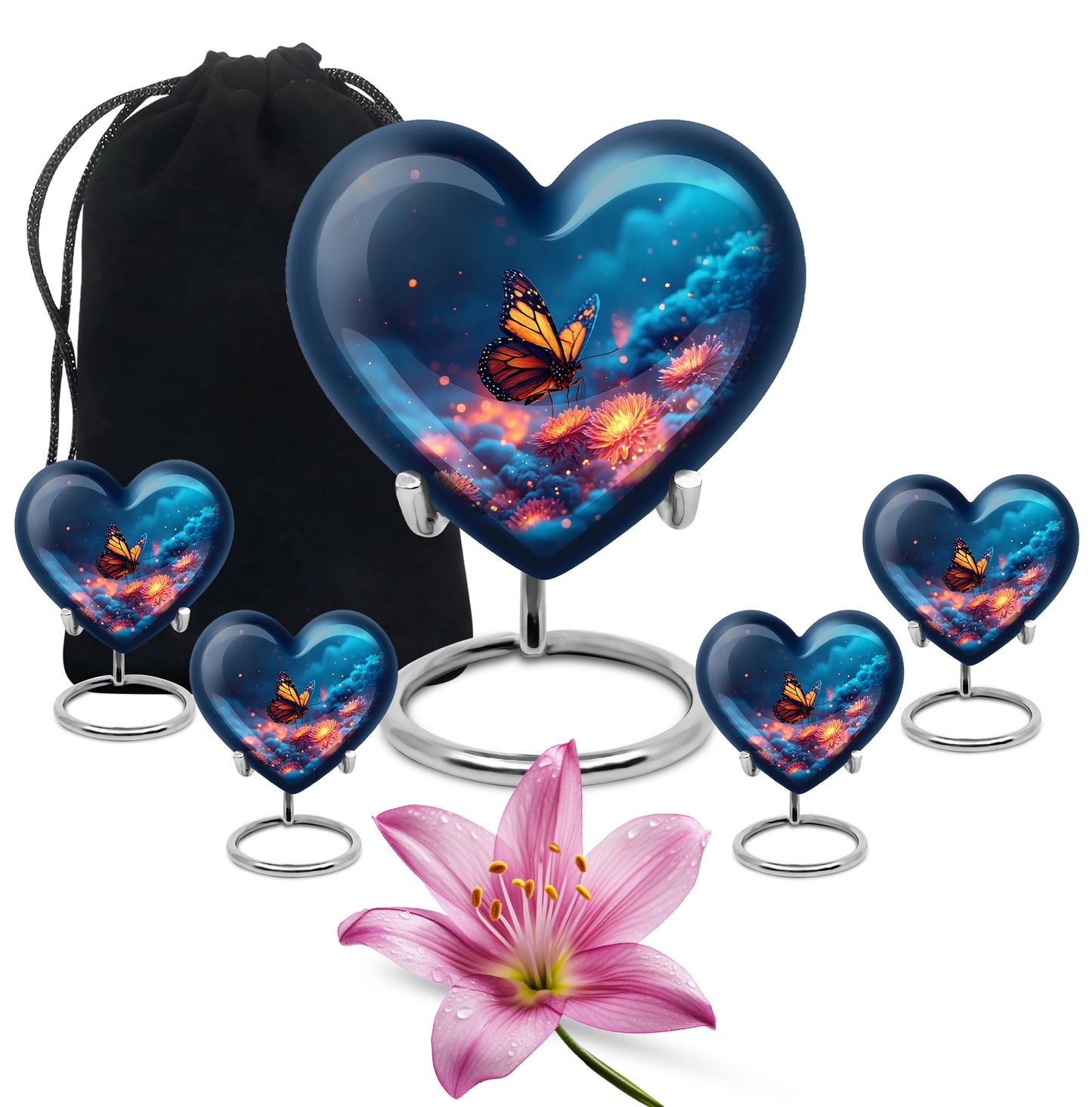 Icy Blue Butterfly Cremation Urn close-up of engraving and surface detail - heart-shaped butterfly design symbolizing eternal love - memorial set with one large and four small urns