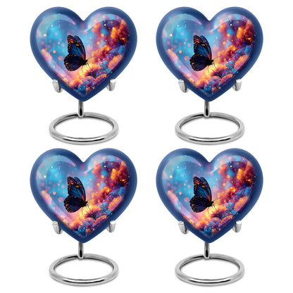 Royal Blue Butterfly Cremation Urn angled view of lid and engraved motif - compassionate heart-butterfly combination with gentle curves - 10 inch aluminum urn for cremated remains