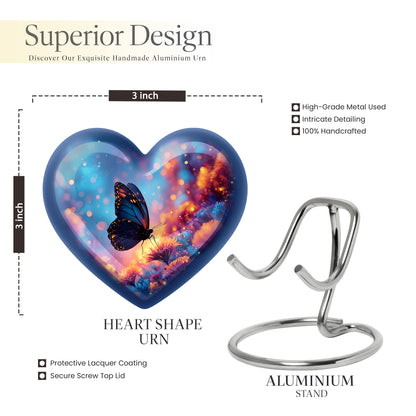 Calming Blue Butterfly Cremation Urn front view showing detailed design - romantic heart urn with butterfly motif on aluminum - mini keepsake memorial for portion of cremation ashes