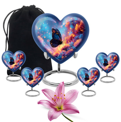 Dusty Blue Butterfly Cremation Urn close-up of engraving and surface detail - heart-shaped butterfly design symbolizing eternal love - memorial set with one large and four small urns