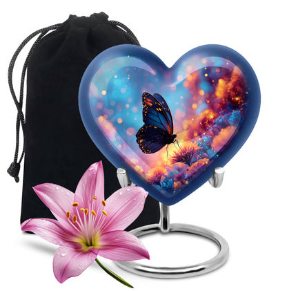 Indigo Butterfly Cremation Urn detail view - loving heart memorial featuring butterfly pattern - full-size 10 inch 200 cubic inch adult cremation urn