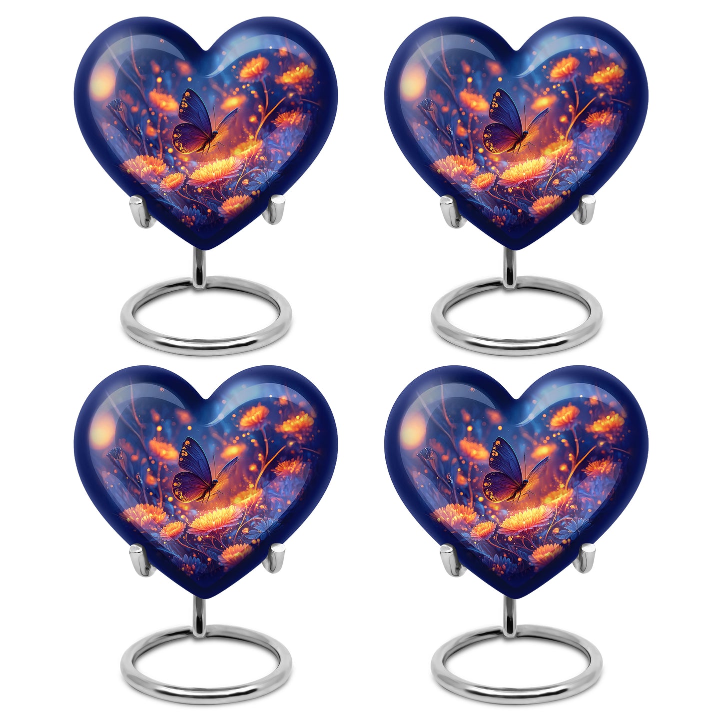 Vivid Blue Butterfly Cremation Urn angled view of lid and engraved motif - romantic heart urn with butterfly motif on aluminum - 10 inch aluminum urn for cremated remains
