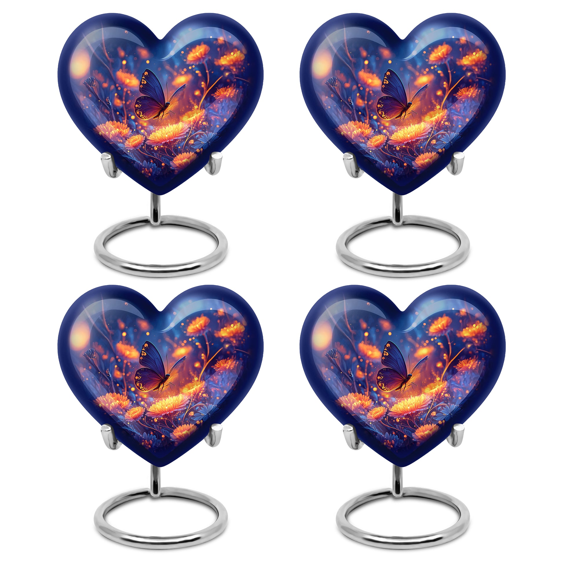 Vivid Blue Butterfly Cremation Urn angled view of lid and engraved motif - romantic heart urn with butterfly motif on aluminum - 10 inch aluminum urn for cremated remains