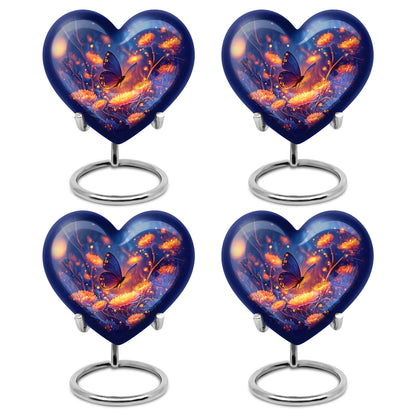 Vivid Blue Butterfly Cremation Urn angled view of lid and engraved motif - romantic heart urn with butterfly motif on aluminum - 10 inch aluminum urn for cremated remains