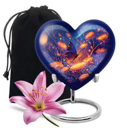Calming Blue Butterfly Cremation Urn detail view - romantic heart urn with butterfly motif on aluminum - full-size 10 inch 200 cubic inch adult cremation urn