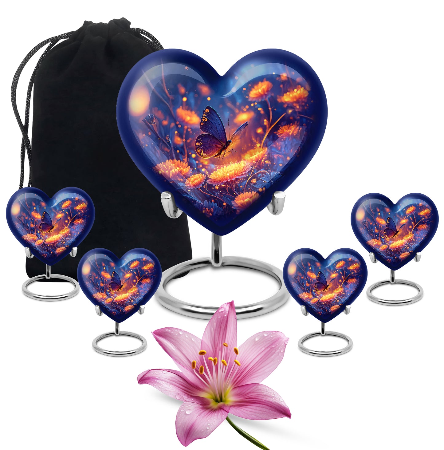 Celestial Blue Butterfly Cremation Urn close-up of engraving and surface detail - loving heart memorial featuring butterfly pattern - memorial set with one large and four small urns