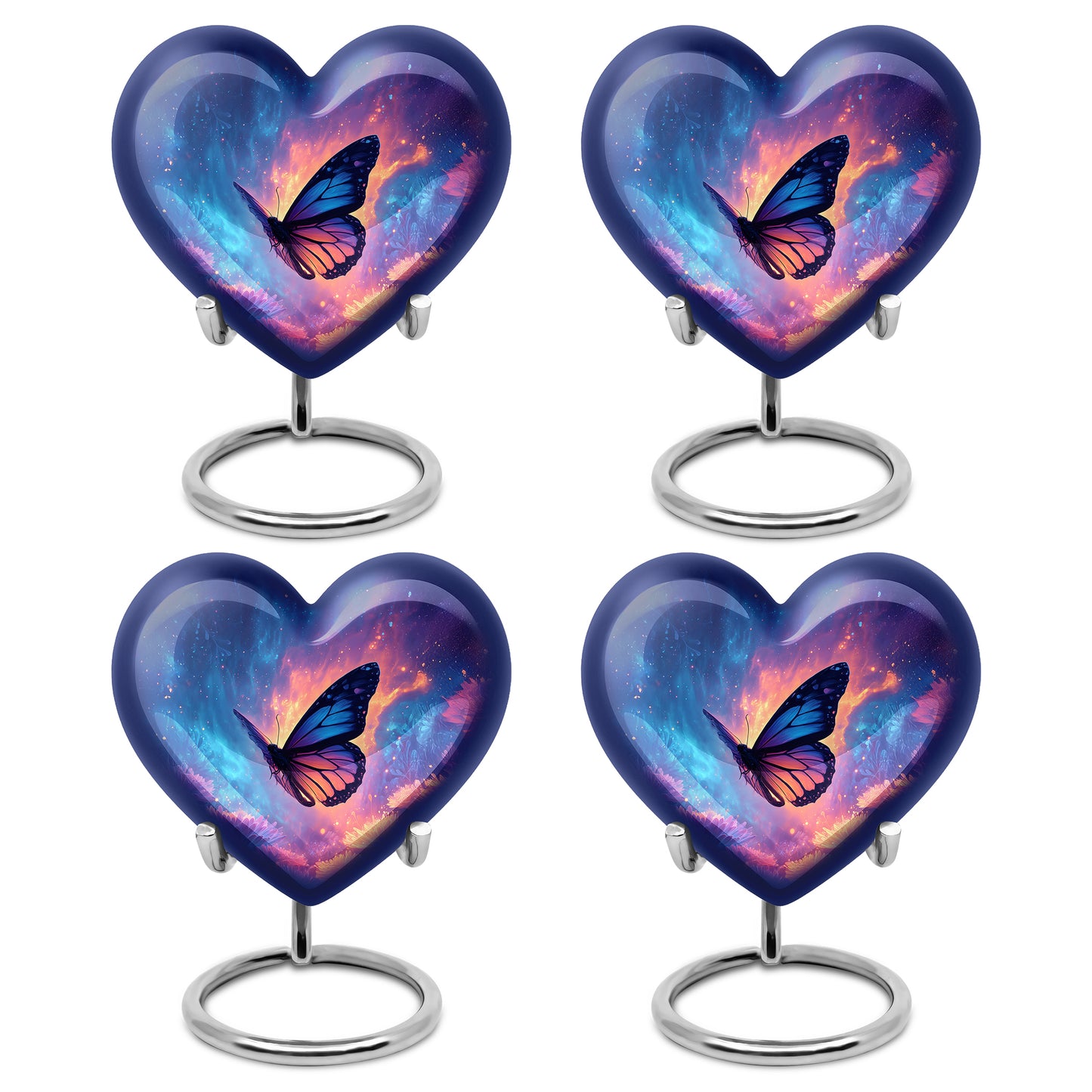 Indigo Butterfly Cremation Urn angled view of lid and engraved motif - loving heart memorial featuring butterfly pattern - 10 inch aluminum urn for cremated remains