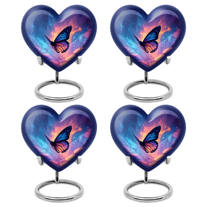 Indigo Butterfly Cremation Urn angled view of lid and engraved motif - loving heart memorial featuring butterfly pattern - 10 inch aluminum urn for cremated remains