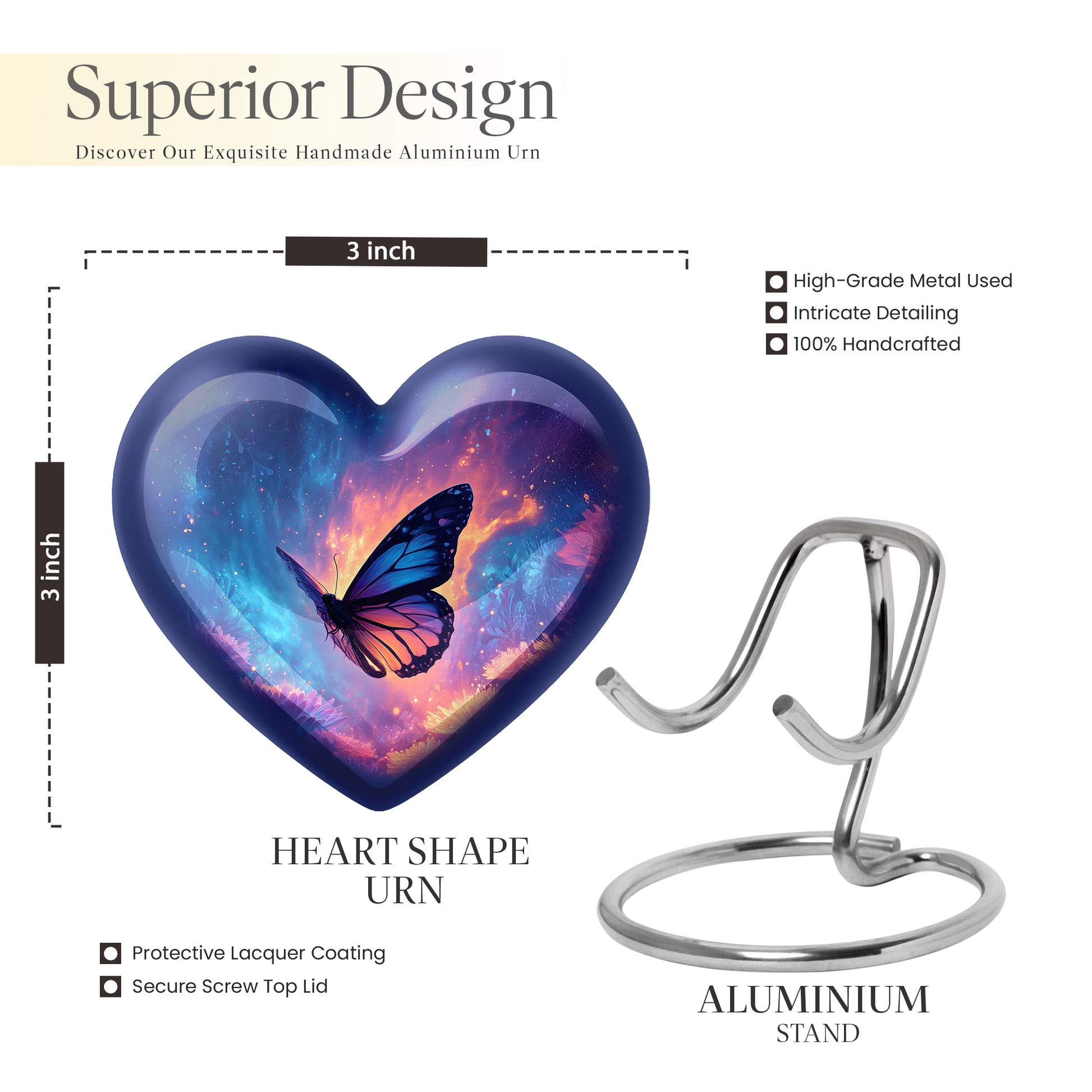 Royal Blue Butterfly Cremation Urn front view showing detailed design - romantic heart urn with butterfly motif on aluminum - mini keepsake memorial for portion of cremation ashes