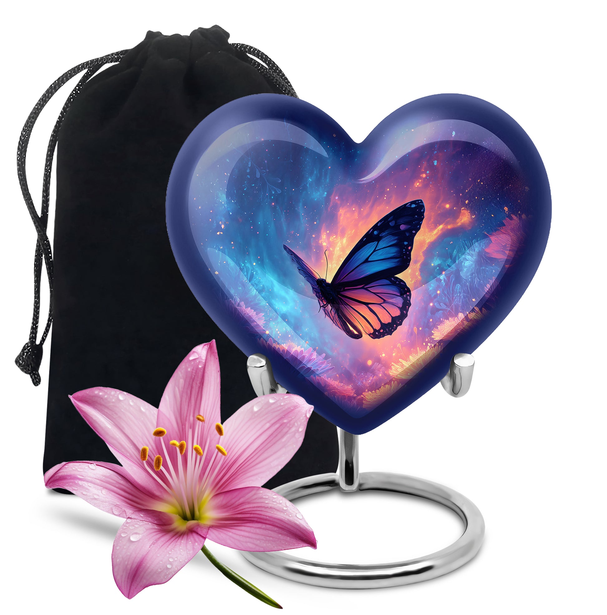 Bright Blue Butterfly Cremation Urn detail view - romantic heart urn with butterfly motif on aluminum - full-size 10 inch 200 cubic inch adult cremation urn