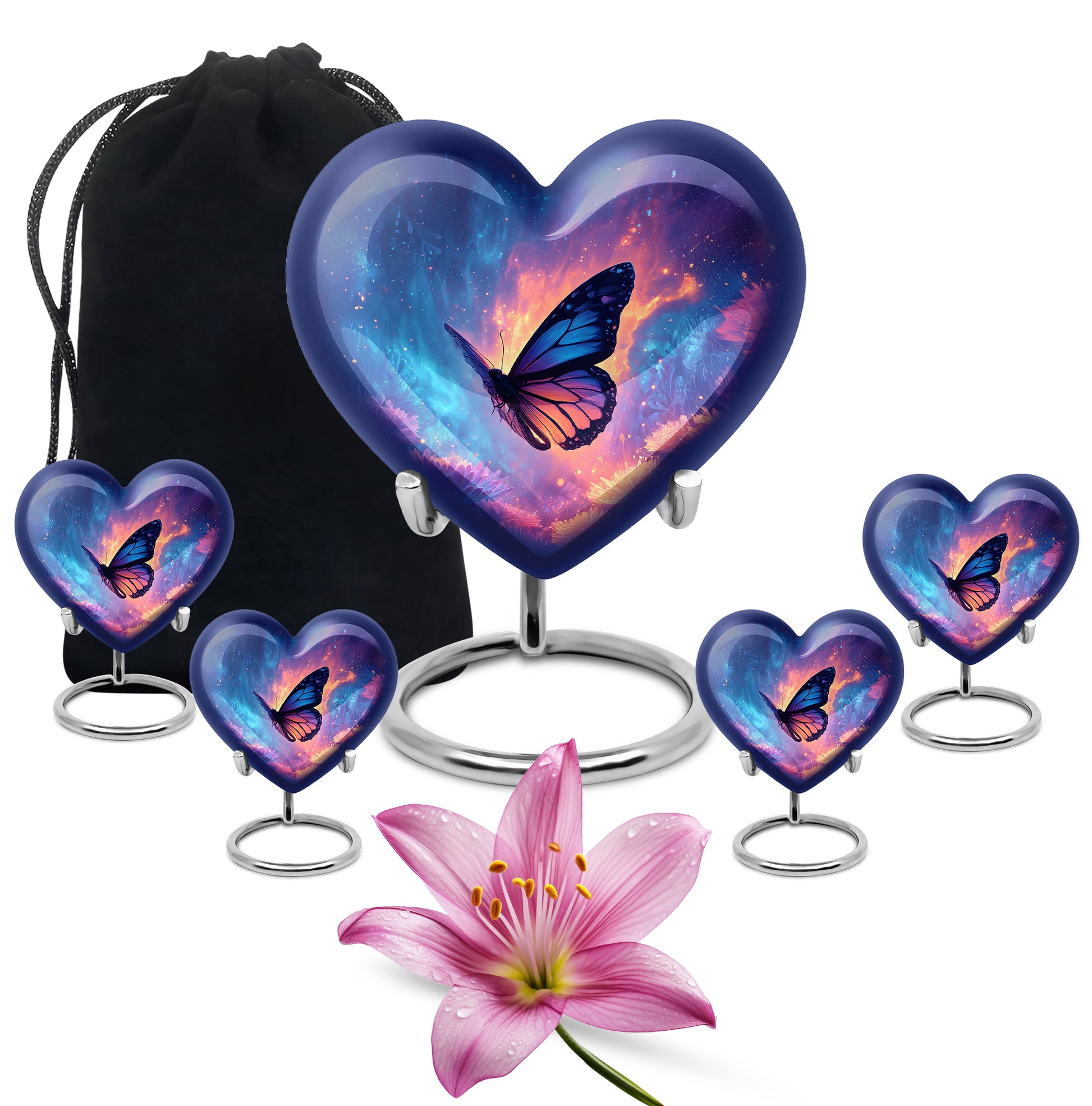 Slate Blue Butterfly Cremation Urn close-up of engraving and surface detail - heart-shaped butterfly design symbolizing eternal love - memorial set with one large and four small urns