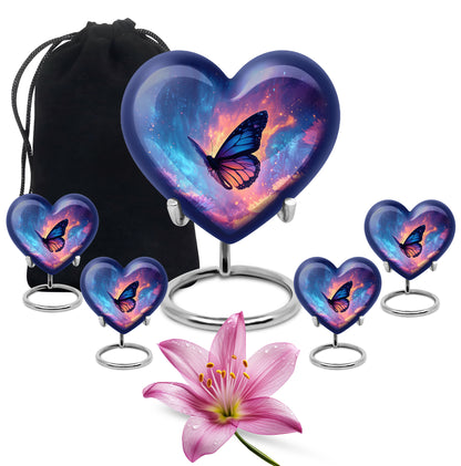 Slate Blue Butterfly Cremation Urn close-up of engraving and surface detail - heart-shaped butterfly design symbolizing eternal love - memorial set with one large and four small urns