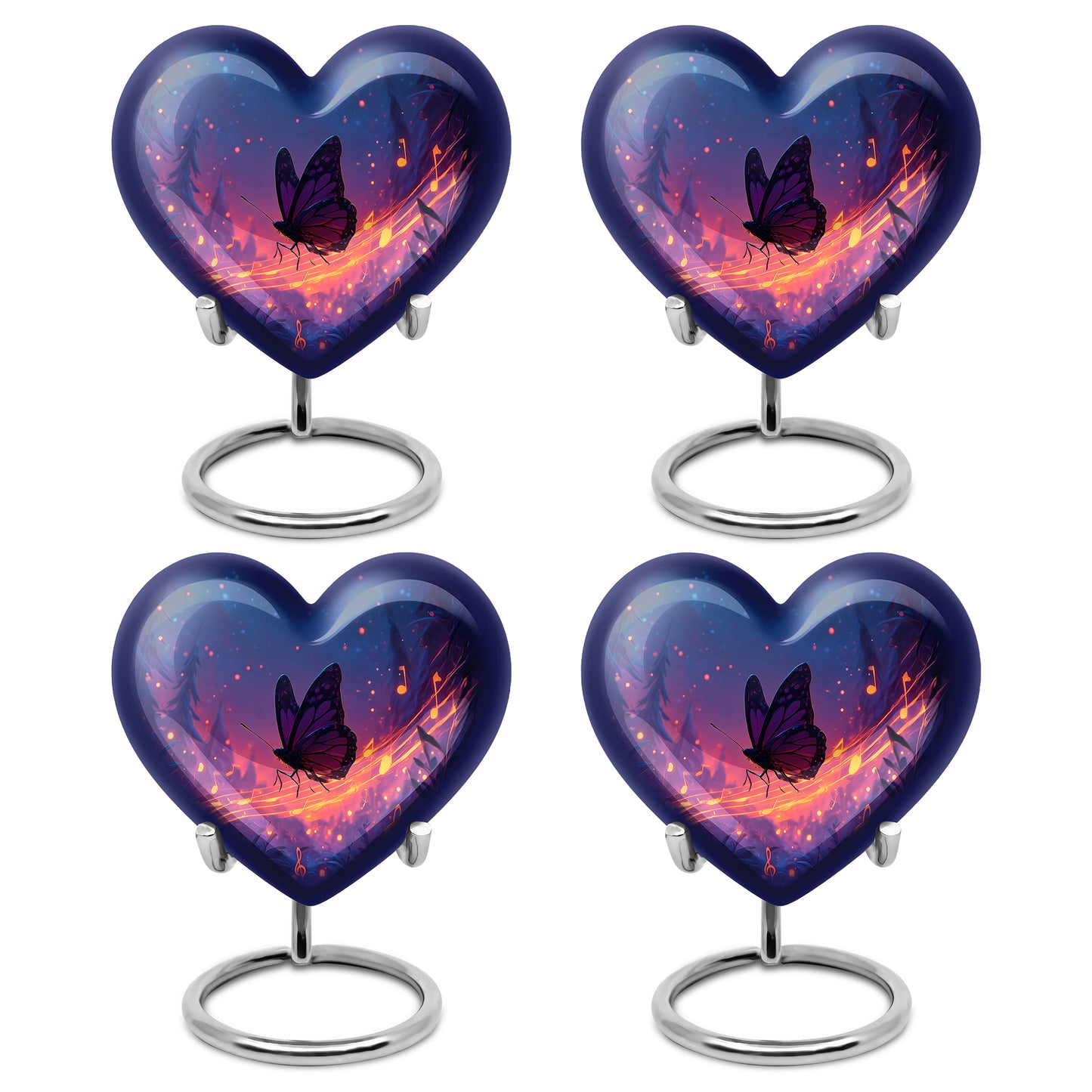 Twilight Blue Butterfly Cremation Urn angled view of lid and engraved motif - romantic heart urn with butterfly motif on aluminum - 10 inch aluminum urn for cremated remains