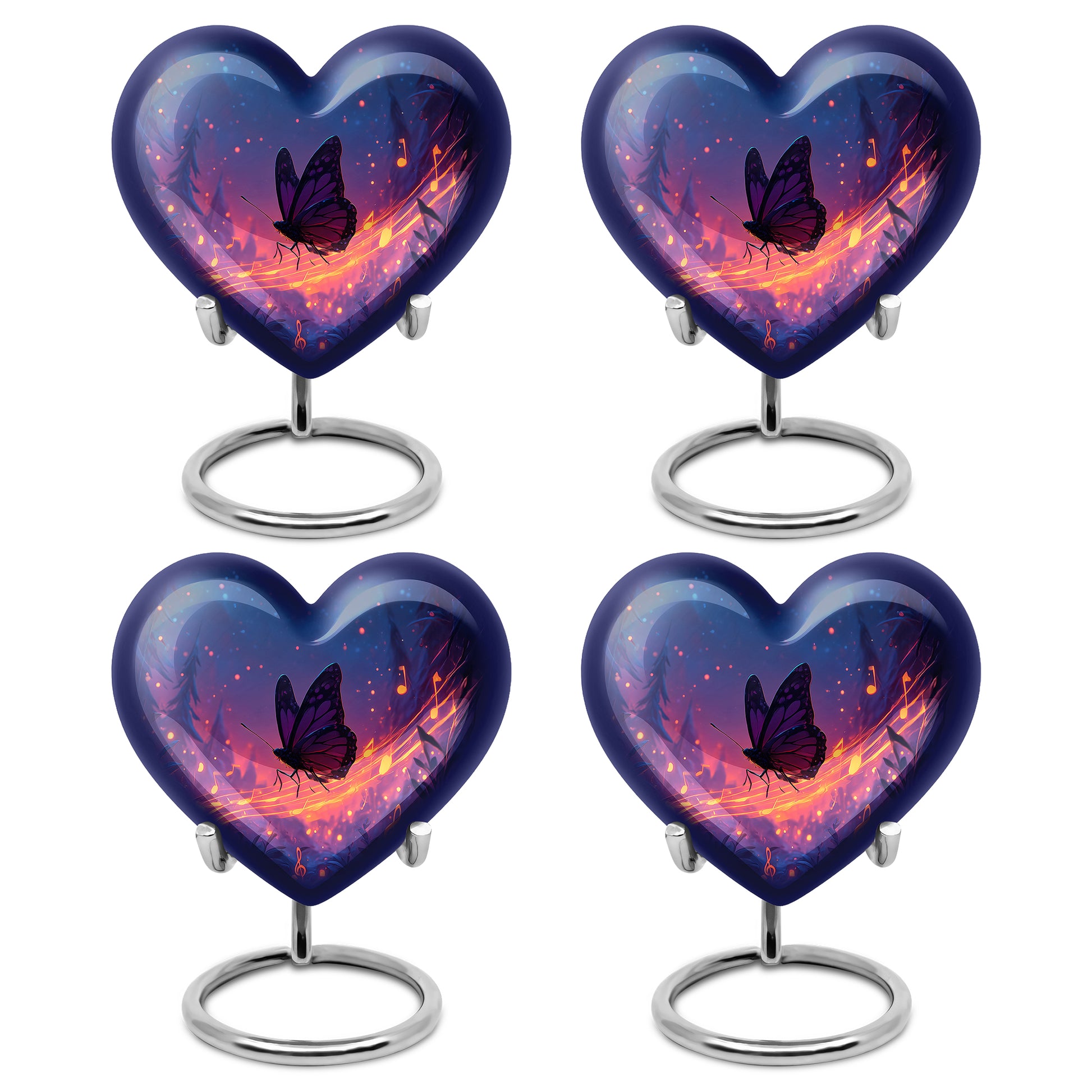 Twilight Blue Butterfly Cremation Urn angled view of lid and engraved motif - romantic heart urn with butterfly motif on aluminum - 10 inch aluminum urn for cremated remains