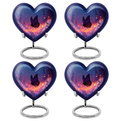 Twilight Blue Butterfly Cremation Urn angled view of lid and engraved motif - romantic heart urn with butterfly motif on aluminum - 10 inch aluminum urn for cremated remains